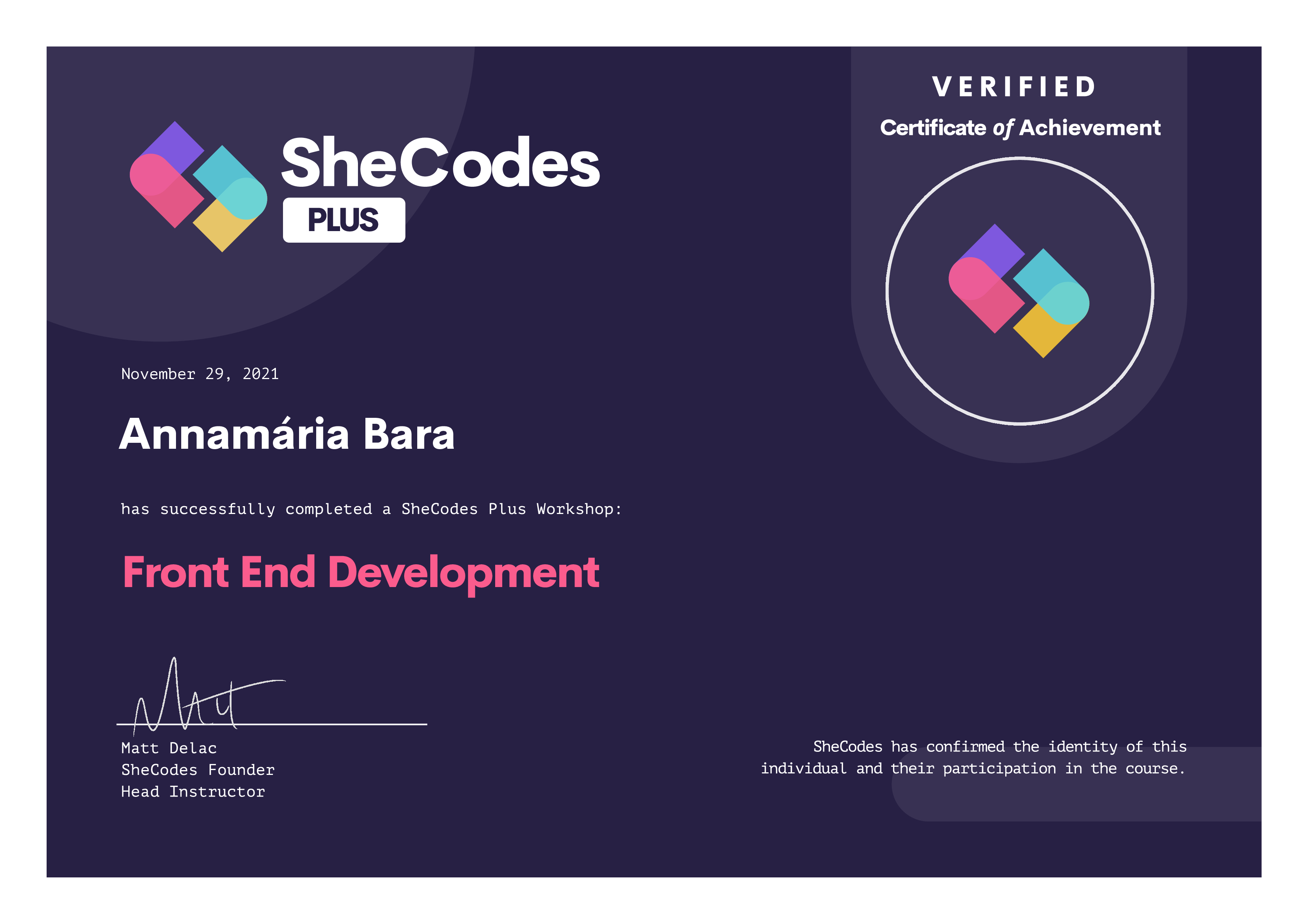 SheCodes 'Front End Developement' Certificate