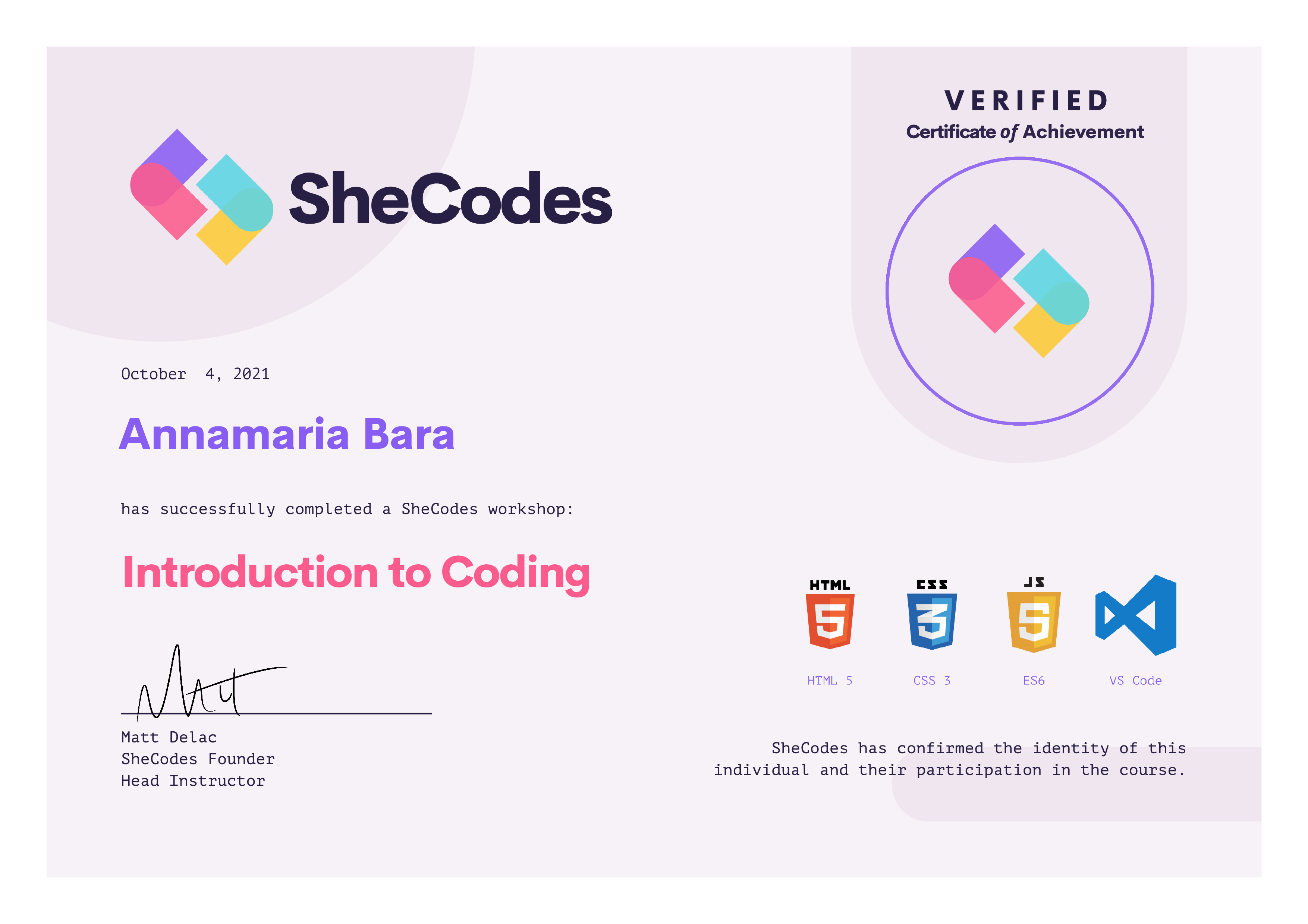SheCodes 'Introduction to Coding' Certificate