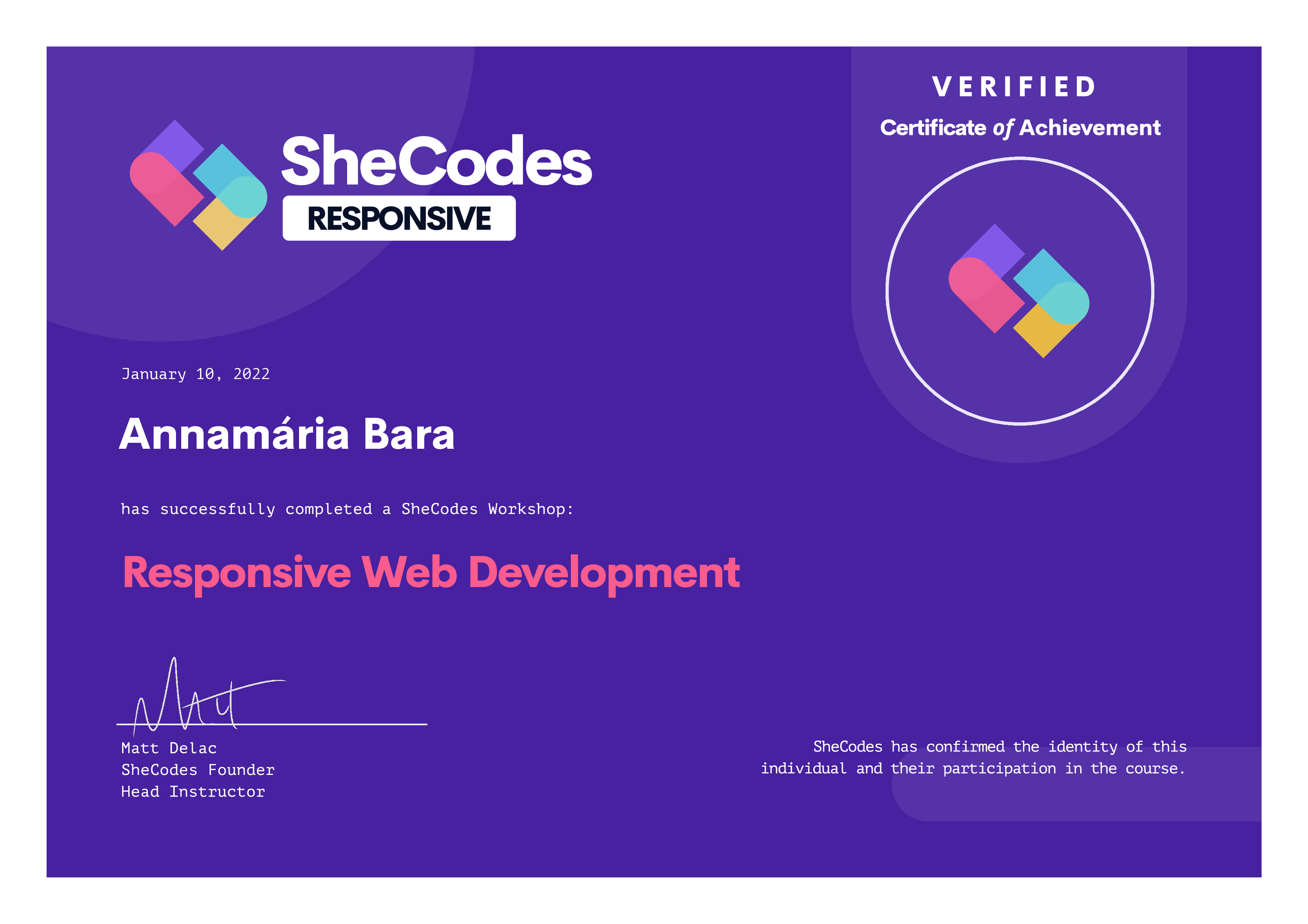 SheCodes 'Responsive Web Development' Certificate