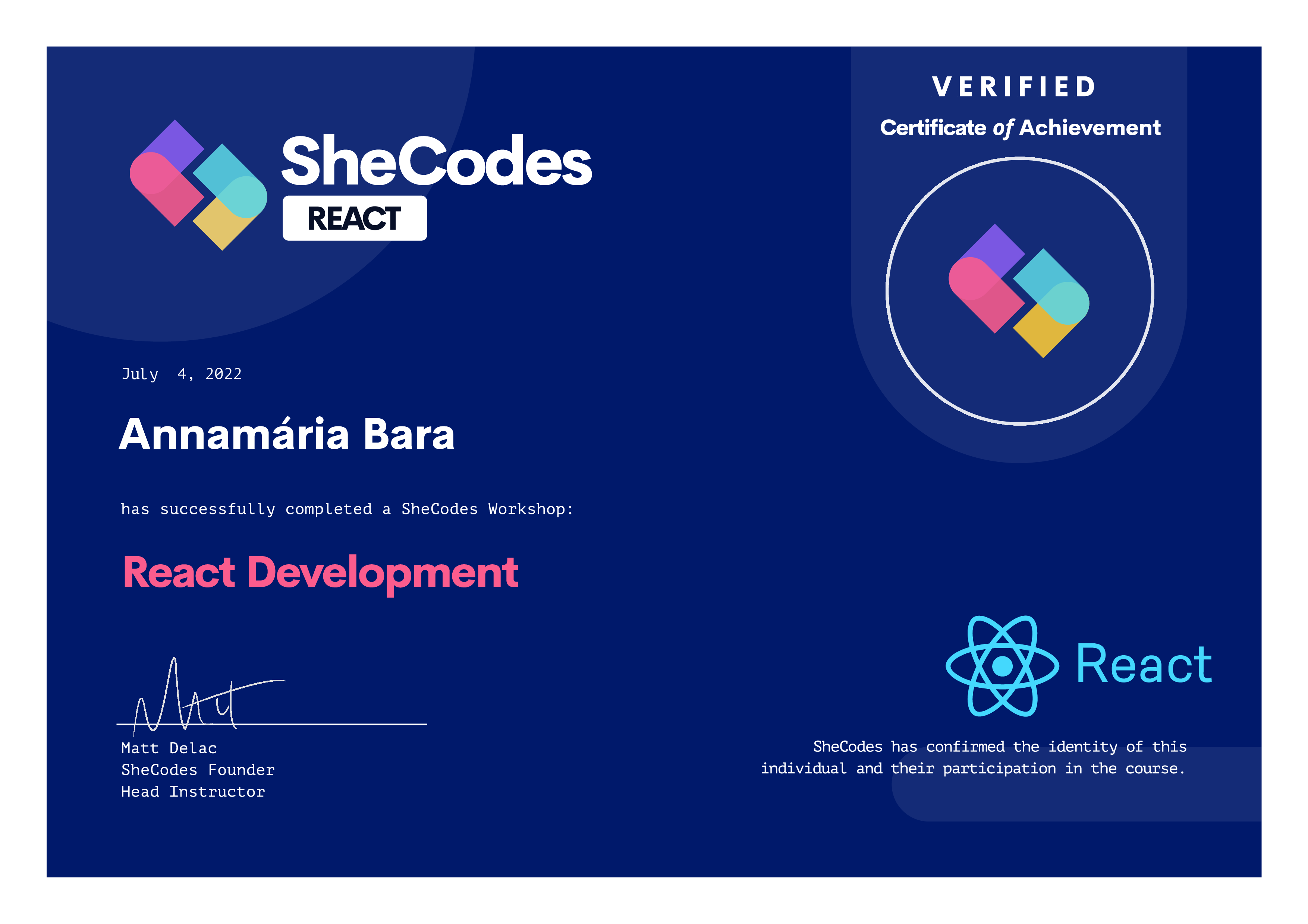 SheCodes 'React Development' Certificate